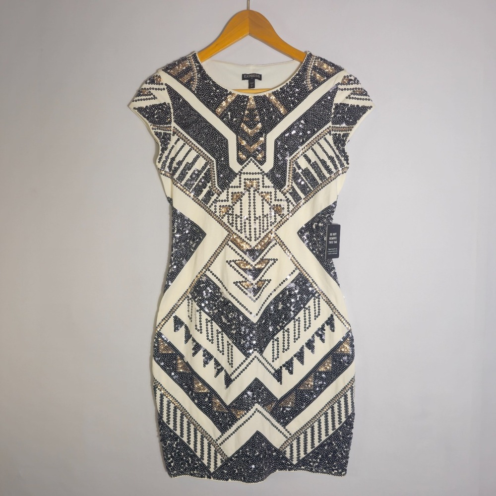 Express Bodycon Dress Women Small Beige Black Stretch Sequin Cap Sleeve Pullover